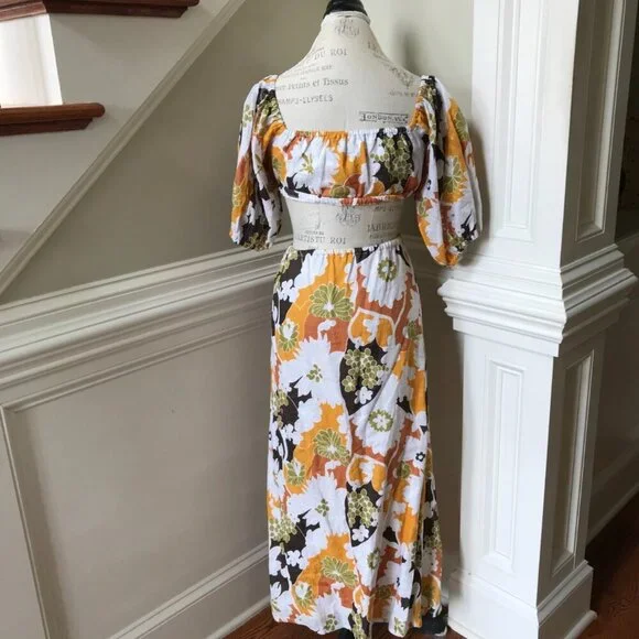 Faithful the Brand Trinita Maxi Dress Womens 2 Yellow White Floral Puff Sleeve
